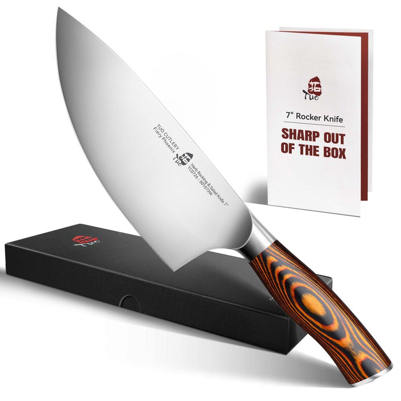 TUO سكين توو روكر، 7 بوصة سكين طاهٍ لفرم السلطة للأعشاب والتقطيع الخضار، سكين خضار من الفولاذ الكربوني العالي مع مقبض مريح - سلسلة فينيق الناري - Image 1